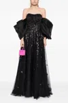Saiid Kobeisy Organza Gown With Dotted Beading And Pleated Off Shoulder Sleeves In Multi