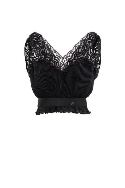 Saiid Kobeisy Pleated Black Bodysuit With Lace Accents
