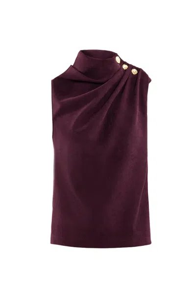 Saiid Kobeisy Pleated Top With Gold Buttoned Shoulder In Purple