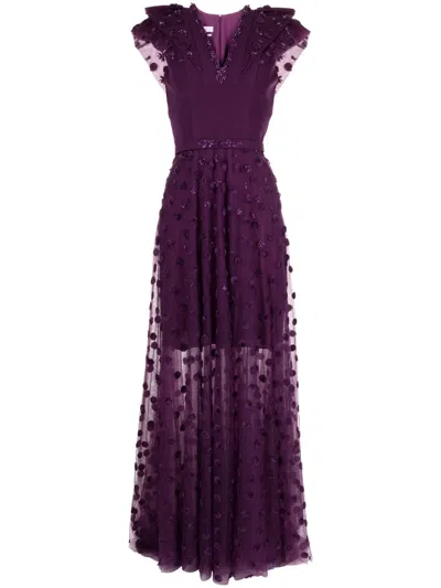 Saiid Kobeisy Polka Dot Beaded Tulle Dress In Purple