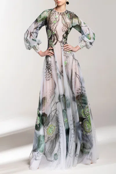 Saiid Kobeisy Printed Beaded Gown In Multi