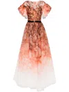 Saiid Kobeisy Tulle Printed Dress With Pleated Sleeves In Orange
