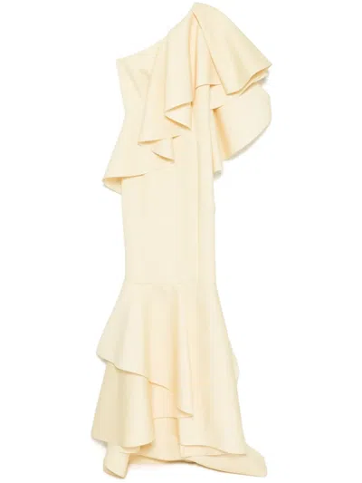 Saiid Kobeisy Ruffled Scuba Long Dress In Yellow