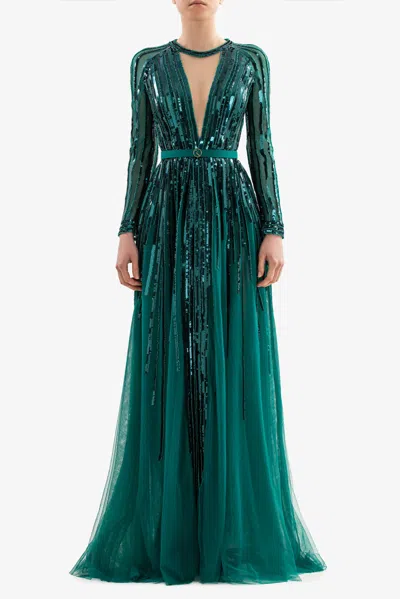 SAIID KOBEISY SEQUIN LONG SLEEVED GOWN
