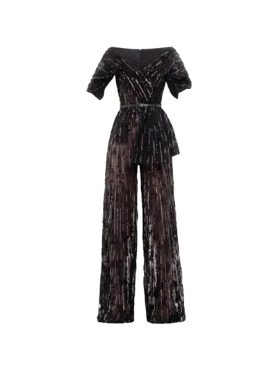 Saiid Kobeisy Sequin-embellished Belted Jumpsuit In Black