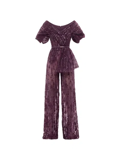 Saiid Kobeisy Sequin-embellished Belted Jumpsuit In Purple