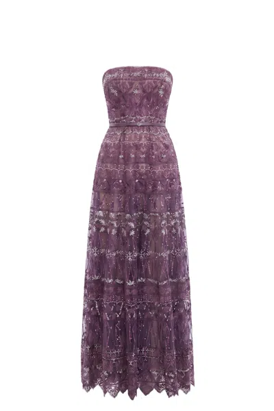Saiid Kobeisy Strapless Beaded-tulle Maxi Dress In Purple