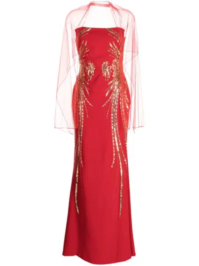 Saiid Kobeisy Strapless Crepe Beaded Dress In Red