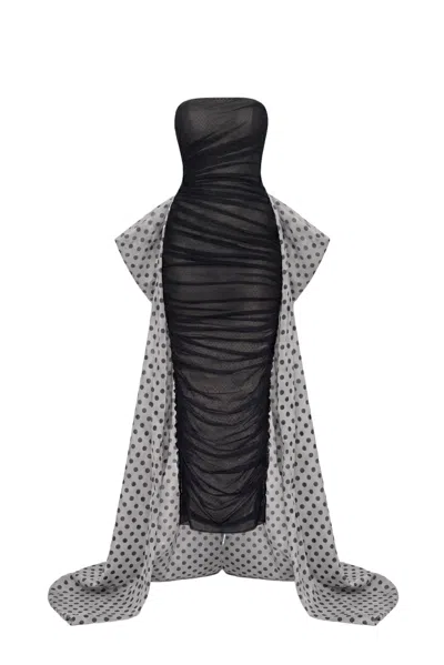 Saiid Kobeisy Strapless Fitted Midi Dress With Dramatic Cascading Train In Gray
