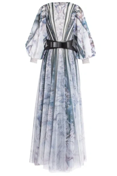 Saiid Kobeisy Tull Printed Dress With Bell Sleeves In Blue