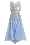 Saiid Kobeisy Tulle Beaded Dress With Envelope Skirt And Overskirt In Blue