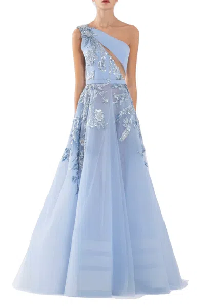Saiid Kobeisy Tulle Beaded Dress With Floral Beading In Blue