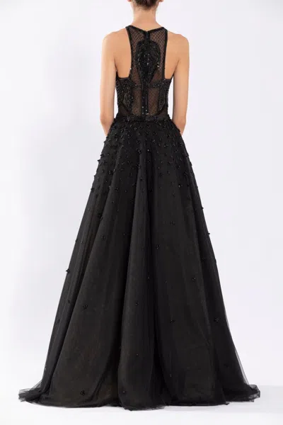 Saiid Kobeisy Tulle Beaded Dress With Halter Neckline In Black