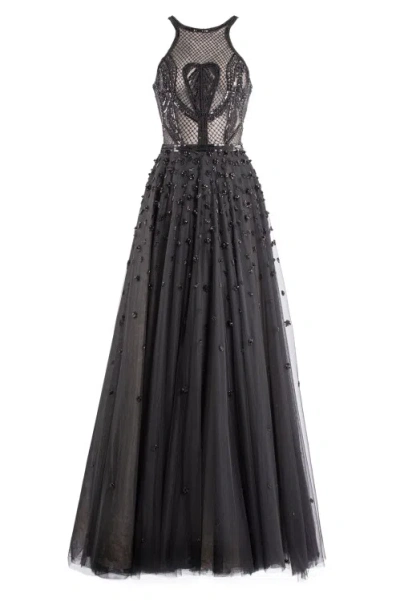 Saiid Kobeisy Tulle Beaded Dress With Halter Neckline In Black