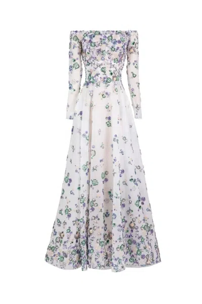 Saiid Kobeisy Tulle Beaded Dress With Off-shoulder Sleeves In Multi