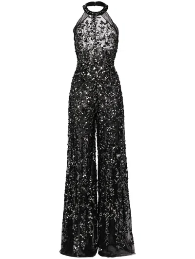 Saiid Kobeisy Tulle Beaded Jumpsuit With Halter Neckline In Black