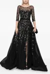 Saiid Kobeisy Tulle Beaded Quarter Sleeve Gown With Envelope Skirt And Overskirt In Multi