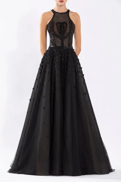Saiid Kobeisy Tulle Beaded Sleeveless A-line Gown With Halter Neckline In Multi