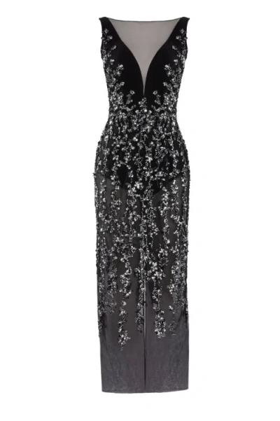 Saiid Kobeisy Tulle Dress, Straight Fit Dress With Sequin Beading In Grey