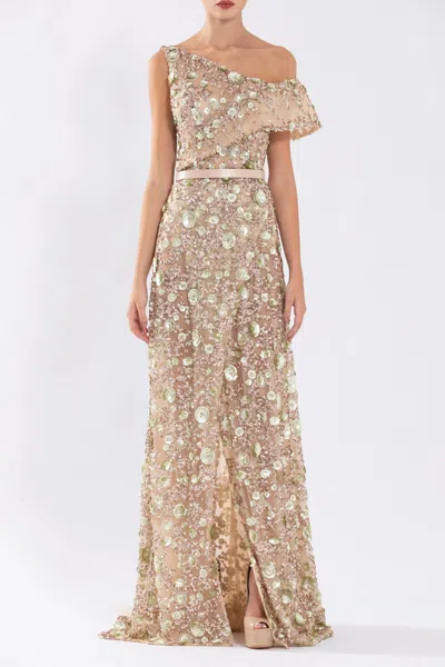 Saiid Kobeisy Tulle Gown With Envelope Skirt And Off-shoulder Sleeve And Tulle Tail In Multi