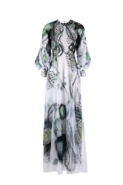 Saiid Kobeisy Tulle Printed Dress With Beading In White