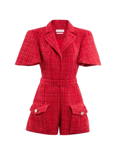 Saiid Kobeisy Tweed Belted Jumpsuit In Red