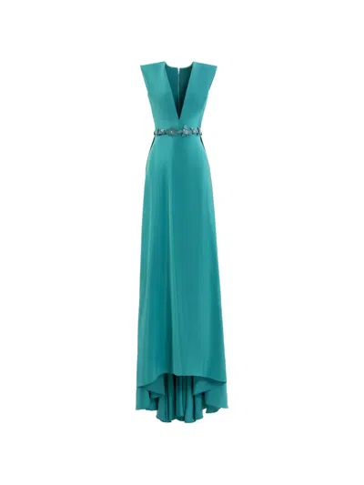 Saiid Kobeisy V-neck Floral-belt Maxi Dress In Blue