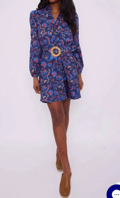 Sail To Sable Aztec Floral Belted Long Sleeve Tunic Dress In Blue