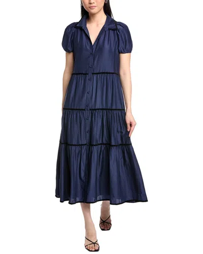 Sail To Sable Button Front Silk-blend Maxi Shirt Dress In Blue
