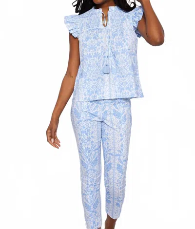 Sail To Sable Flutter Sleeve Top In Tropical Block Print In Blue