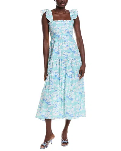 Sail To Sable Flutter Strap Smocked Linen-blend Midi Dress In Blue