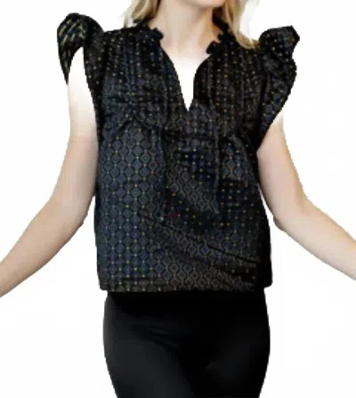 Sail To Sable Jacquard Ruffle Sleeve Top In Black/gold Jacquard