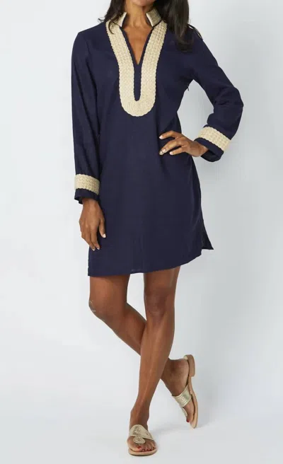 Sail To Sable Long Sleeve Linen Tunic Top In Navy/gold In Multi