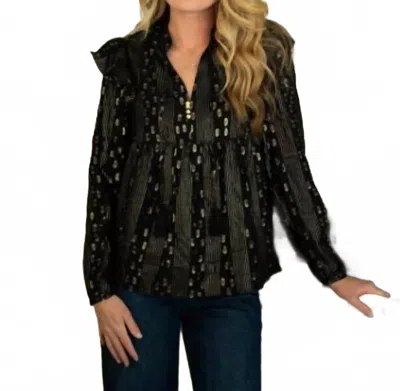 Sail To Sable Long Sleeve Ruffle Front Top In Lurex Clip Dot Black/gold In Green
