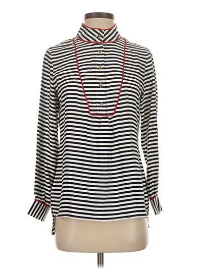 Pre-owned Sail To Sable Long Sleeve Silk Top Blue Stripes Pattern Cowl Neck Tops