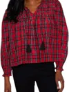 Sail To Sable Long Sleeve Tassel Front Blouse In Red Tartan In Multi