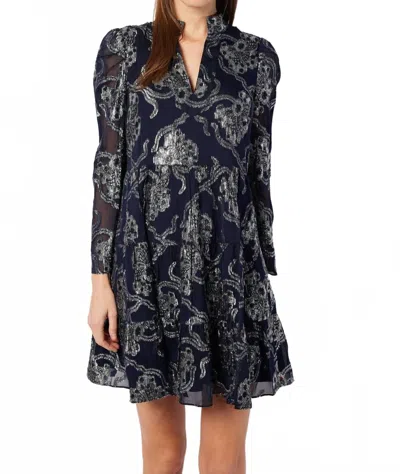 Sail To Sable Long Sleeve Tunic Flare Dress In Navy Metallic Jacquard In Black