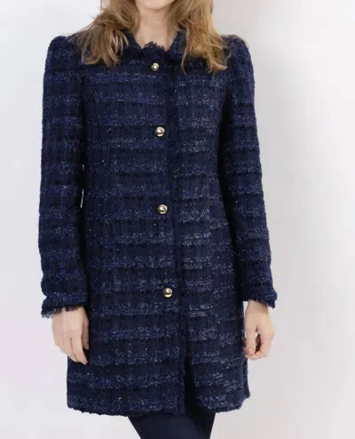 Sail To Sable Navy Sparkle Tweed Button Front Coat In Blue