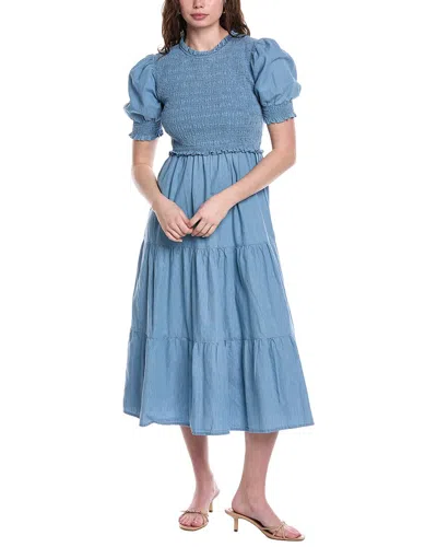 Sail To Sable Puff Sleeve Smocked Midi Dress In Blue