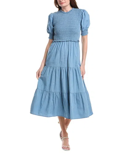 Sail To Sable Puff Sleeve Smocked Midi Dress In Blue