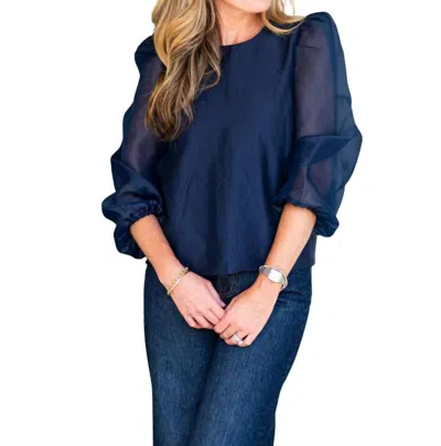 Sail To Sable Sheer Puff Sleeve Top In Navy In Blue
