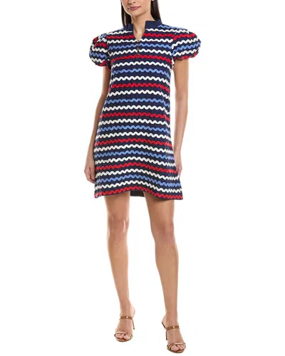 Sail To Sable Ric-rac Button Front Linen-blend Mini Dress In Blue