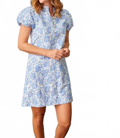 Sail To Sable Rose Printed Eyelet Button Tunic Dress In Blue & White