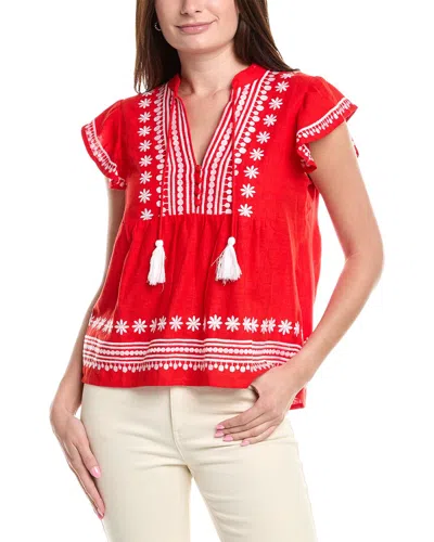 Sail To Sable Ruffle Front Linen-blend Top In Red