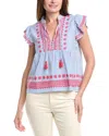 Sail To Sable Ruffle Front Linen-blend Top In Blue