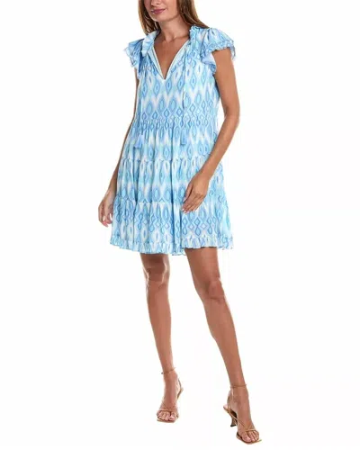 Sail To Sable Ruffle Neck Dress With Tassles In Blue Ikat In Multi