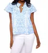 Sail To Sable Ruffle Neck Top In Hydrangea Tropical Block Print In Blue