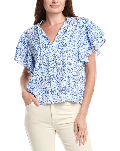 Sail To Sable Ruffle Sleeve Linen-blend Top In Blue