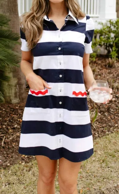 Sail To Sable Short Sleeve Button Front Shift Dress In Navy Stripe In Multi