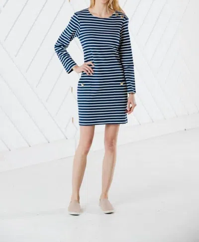Sail To Sable Stripe Long Sleeve Button Neck Dress In Navy/ivory In Blue